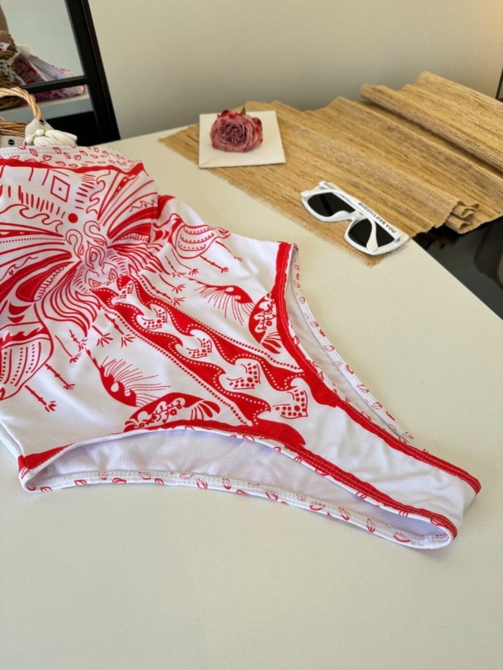 Versace Red and White Pattern One-Shoulder One-Piece Swimsuit - Picture 3 of 9